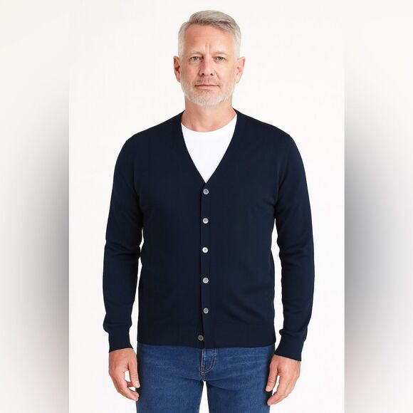 Luxury Merino Wool Black Button Cardigan Sweater Men’s M Classic Layering Knit - Picture 1 of 11